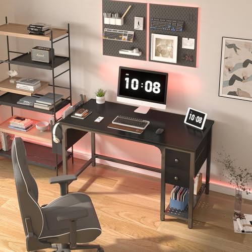 Lufeiya Gaming Desk with Fabric Drawers, 47 Inch Computer Desk for Home Office, Modern Simple Study Writing Table PC Desks for Bedroom, Black - color: Black, size: 47 inch