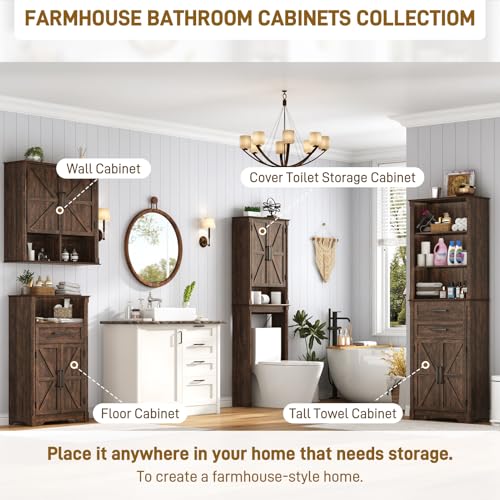 Farmhouse Bathroom Storage Cabinet,Double Wooden Bathroom Wall Cabinet with Roman Column Decor, Farmhouse Medicine Cabinets w Barn Doors,Storage Cabinets Wall Mounted for Kitchen(Wood Brown) - color: Wood Brown, style: Wall Double Storage Cabinet