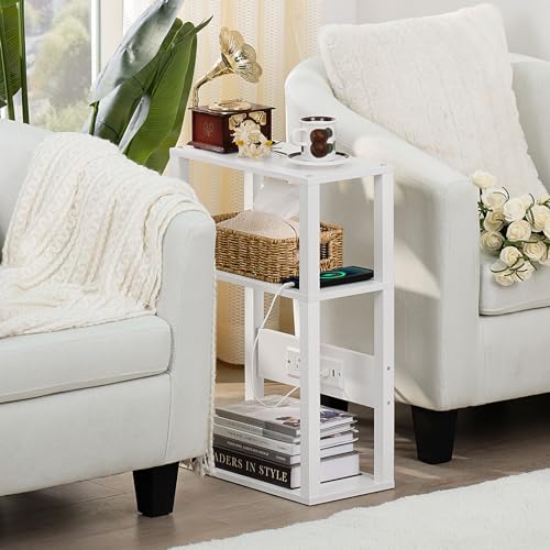 YUFAM 3-Tier Small Narrow Wood Side Table with Charging Station, Skinny Nightstand for Small Space, Slim Bedside Table with Storage for Couch, Thin End Table with USB Ports and Outlets, White - color: White, size: 1 Pack