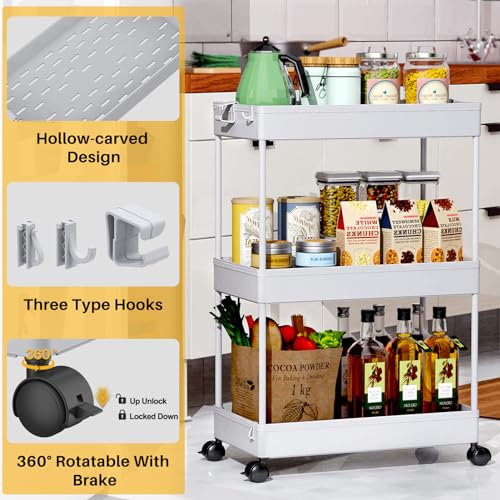 SPACEKEEPER Rolling Storage Cart 3 Tier Bathroom Cart Organizers with Wheels Laundry Room Organization Mobile Shelving Unit Utility Cart Storage Shelves Multi-Functional for Office, Home, Gray - color: Grey, size: 3 Tier