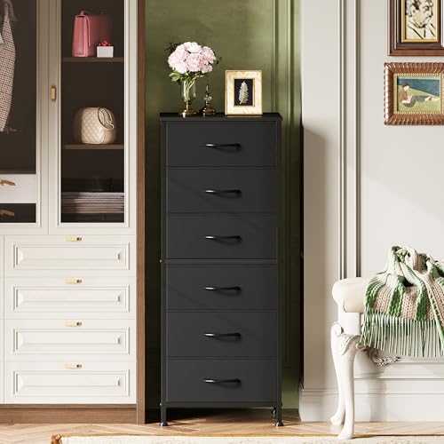 WLIVE Tall Black Dresser for Bedroom, 6 Drawer Vertical Fabric Dresser, Skinny Chest of Drawers for Closet, Narrow Storage Tower with Wood Top and Metal Frame, Tall Nightstand for Small Spaces - color: Black, size: 11.73"D x 15.67"W x 39.37"H