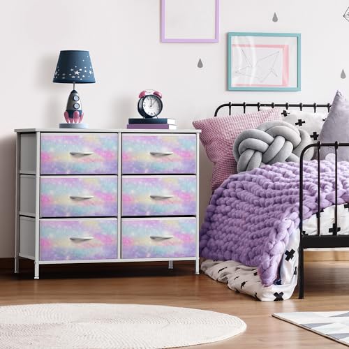 Sorbus Kids Dresser with 6 Drawers - Storage Chest Organizer Nightstand - Steel Frame, Wood Top, Tie-Dye Fabric Bins for Clothes - Wide Furniture for Bedroom, Hallway, Nursery, Closet, & Apartment - color: Rainbow Sparkle, style: 6-Drawer