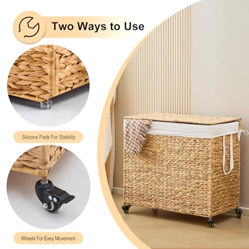 3-Section Laundry Hamper with Lid, Large Capacity Woven Natural Water Hyacinth Laundry Sorter with Removable Liners, Rolling or Non-Slip Design for Bedroom (Natural, 155L) - color: Natural, size: 3-Section
