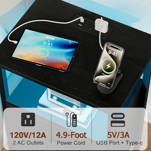LOAKEKEL LED Night Stand with Charging Station, Small Bedside Table with USB Ports & Outlets, 2 Fabric Storage Drawers with PU Finish for Bedroom, Black, HETS02BK-1 - color: Black, style: Two-drawer