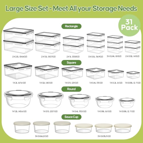 62 PCS Large Food Storage Containers with Lids Airtight (31 Lids & 31 Containers)- 85 OZ Reusable Plastic Leakproof Meal-Prep Container for Kitchen Storage Organization Microwave/Dishwasher Safe