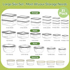 62 PCS Large Food Storage Containers with Lids Airtight (31 Lids & 31 Containers)- 85 OZ Reusable Plastic Leakproof Meal-Prep Container for Kitchen Storage Organization Microwave/Dishwasher Safe