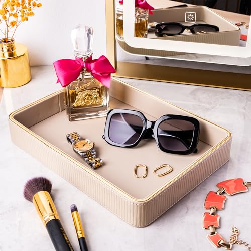 Perfume Tray Valet Tray Night Stand Bedside Organizer| Perfume Organizer Catchall| Perfume Trays for Dresser Vanity Tray for Dresser Countertop| Perfume Holder Leather Tray Organizer (Beige) - color: Beige 1 Pack, size: 8" x 11" x 1.8"