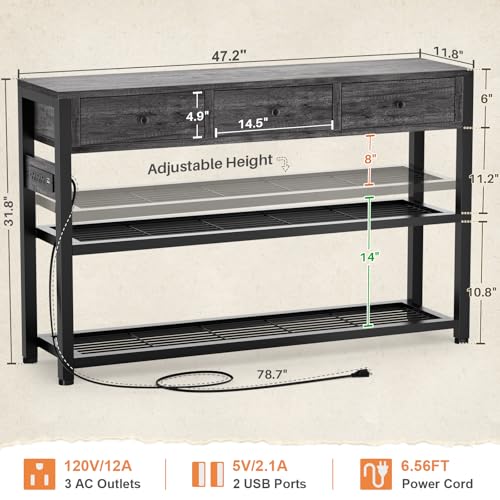Ecoprsio 47'' Entryway Table with Outlets and USB Ports, Console Table with 3 Drawers, Sofa Table Narrow Long with Storage Shelves for Living Room, Couch, Hallway, Foyer, Kitchen Counter, Grey - color: Grey Oak, size: 47-In