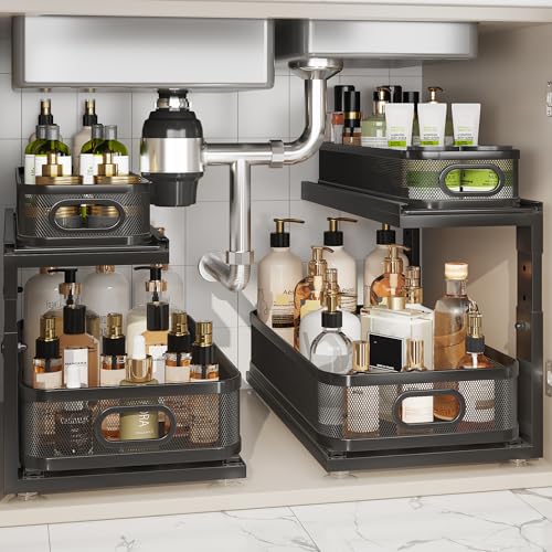 2 Pack 18.5IN-Depth Under Sink Organizer With Next-Gen Ball-Bearing Slides,2-Tier Precision Mesh Pull Out Cabinet Storage for Bathroom&Kitchen,Height Adjustable Drawers Shelf,Anti-rust-Black - color: Black, size: 2 Pack-18.5"Dx12.4"-16.5"H