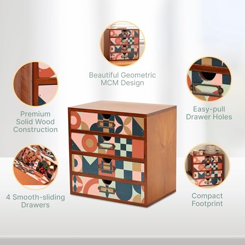 Mid-Century Modern Geometric Pattern Desk Organizer - Earth Tone Desktop Storage with 4-Drawer - Retro Modern Wood Cabinet for Office Supplies, Craft Tools, & Home Organization - MCM Drawer Unit - color: MCM Earthtone Grid