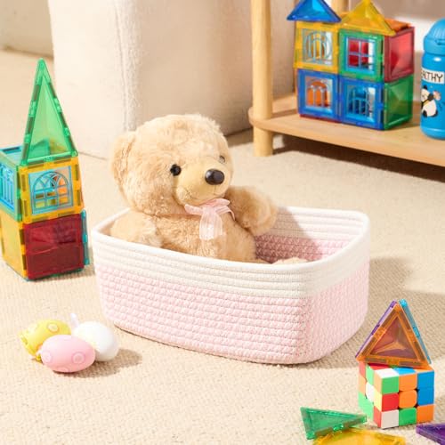 MiniArk Small Storage Baskets for Organizing | Closet Organizer Bins | Shelf Toy Basket | Woven Rope Baskets | Cube Decorative Box | Shallow Basket | 11.5x7.5x4.7” | 3 Packs White Pink - color: Off White/Pink, size: 3pcs-L11.5xW7.5xH4.7"