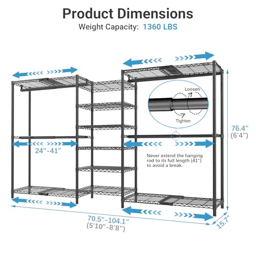 VIPEK X3 Plus Large Expandable Closet Rack Adjustable from 5'10" to 8'8" with Extendable Shelves and Hanger Rods, Freestanding Clothing Racks Modular Closet Systems Wardrobe, Max Load 1360LBS, Black - color: Black, size: X3 Plus