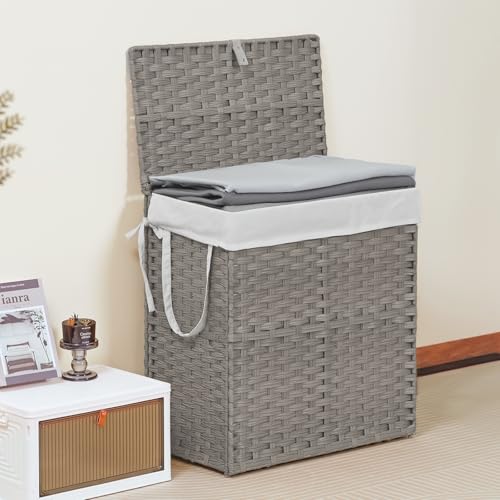 110L Laundry Hamper with Lid, Hand-Woven Pp Rattan Laundry Basket with Compartments & Handles, Removable Liner Bags,Foldable, Narrow Dirty Clothes Basket, Grey - color: 110L-Grey
