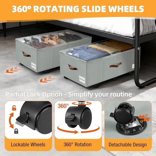 Under Bed Storage with Wheels,Underbed Storage with Sturdy Sidewalls/Bottom, Clear Cover, Label and PU Handle, Rolling Under Bed Drawers for Clothes, Shoes, 11 Inch Height,Grey, 2 Pack - color: Grey 2 Pack, size: 11 inch
