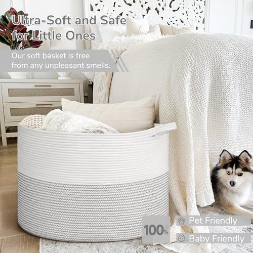 INDRESSME 115L Extra Large Blanket Basket, Cotton Rope Toy Baskets Storage Kids Toy Bin for Playroom Decor Woven Baby Laundry Basket for Organizing, Black Stitch - color: White, size: 23.6"D x 15.7"H