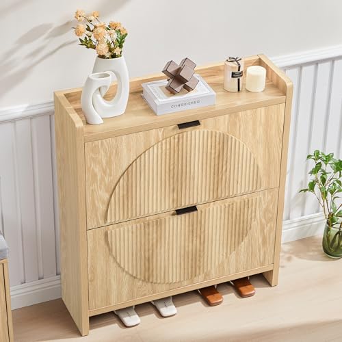 Narrow Shoe Cabinet with 2 Flip Drawers for Entryway,Wood Slim Shoe Rack Cabinet, Freestanding Hidden Shoe Storage Organizer, Space-Saving, Round Fluted Pattern for Hallway, Living Room (Natural) - color: Natural-2 Flip Drawers
