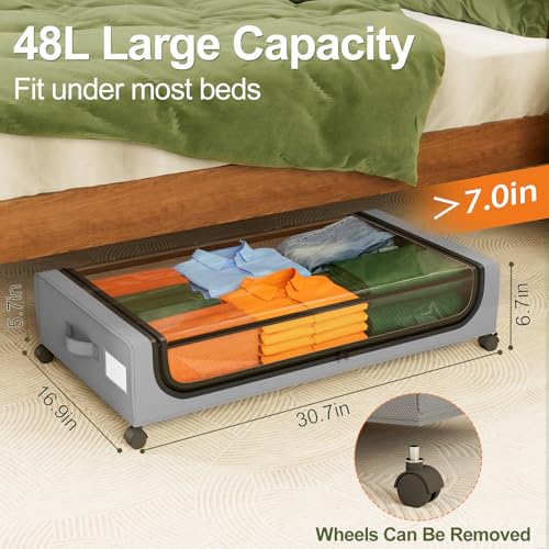 GoMaihe Under Bed Storage with Wheels: 48L Underbed Storage Containers with Lids - Rolling Bins for Shoes Clothes in Dorm Bedroom - Metal Drawers Easy Pull-out Grey 2-Pack - color: Grey, size: Large(2Pack)