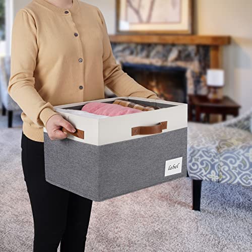 Large Storage Bins with Lids, Foldable Fabric Storage Baskets with Lids, Sturdy Storage Boxes with Labels and 3 PU Handles for Closet Home Bedroom Office (26L, 3 Packs, Grey&White) - color: Grey with White, size: Large-3pcs