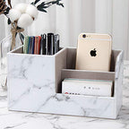 KINGFOM Desk Organizer Office Supplies Caddy Pu Leather Multi-function Storage Box Pen/Pencil,Cell phone, Business Name Cards Remote Control Holder Gray Marble - color: S-gray Marble