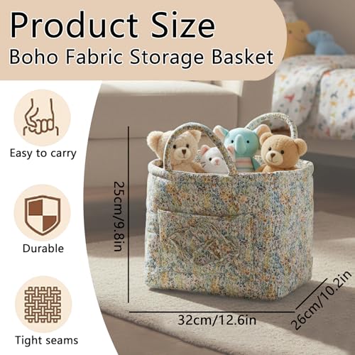 Quilted Fabric Storage Basket with Handles & Pocket, Foldable Laundry Hamper Boho Floral Print Organizer Bin for Home, Picnic, Office 12"x10"x10" (A-3) - color: A-3
