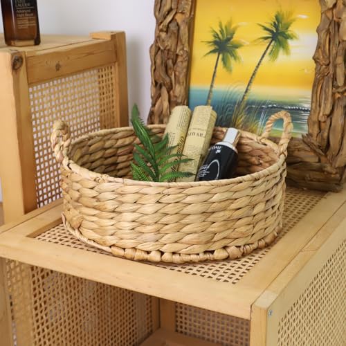 Round Water Hyacinth Storage Baskets for Organizing Round Wicker Basket with Double Handles-Wicker Baskets for Shelves