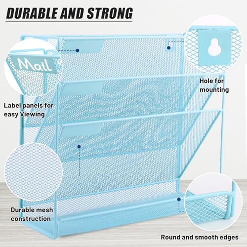 EASEPRES Desk File Organizer Mesh 4-Tier, Hanging Wall Mount Document Organization Stand, Desktop Vertical Mail Paper Folder Holder Rack with Bottom Tray for Office Home Cubicle Countertop, Blue - color: Blue, size: 4 Tier