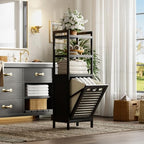 HITNET Tilt Out Laundry Hamper, Bamboo Bathroom Cabinet with Pull Out Removable Bag and 3 Tier Storage Shelves, 10 Gal Clothes Basket with Metal Handle, Black - color: Black