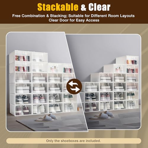 24 Pack Shoes Storage Boxes - Clear Plastic Foldable Stackable Shoe Organizer Containers Bins Holders for Closet Bedroom Small Space, 33x23x14 cm