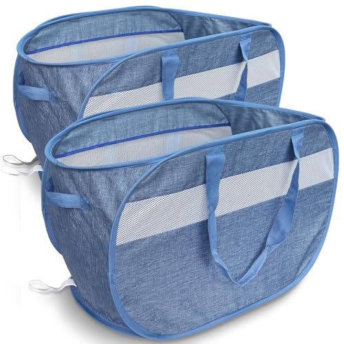 100L Mesh Pop Up Laundry Hampers with Handles, Extra Large Collapsible Laundry Baskets 2 Pack, Portable Travel Laundry Basket, Dirty Clothes Hamper Light Breathable, Bule. 2H - color: Blue, size: 2-Pack Horizontal