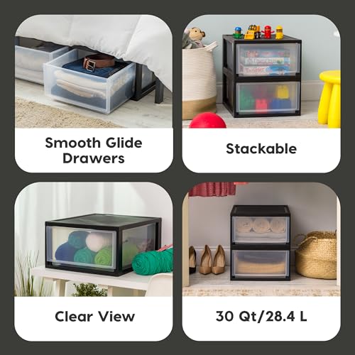 IRIS USA 30 Qt. Plastic Drawer Storage Organizer Stacking Drawers, 2-Pack, Stackable Unit with Sliding Drawer for Clothes Bedroom Kitchen Under Sink Pantry Craft Room Bathroom Dorm Office, Black - size: 30 Qt - 2 Pack