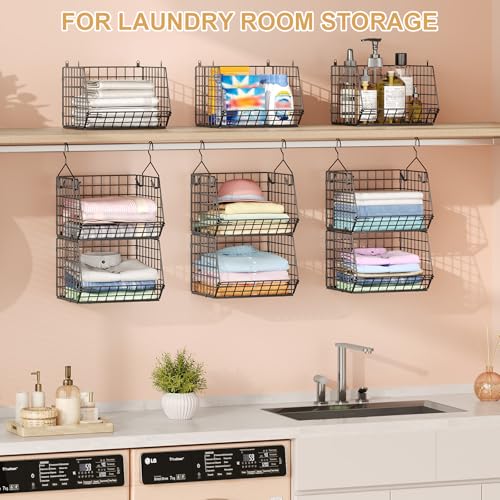 6 Tier Closet Hanging Organizer, Clothes Hanging Shelves with 4 Hanging Hooks 5 S Hooks, Wire Storage Basket Bins, for Clothing Sweaters Shoes Handbags Clutches Accessories Patent Design-Black