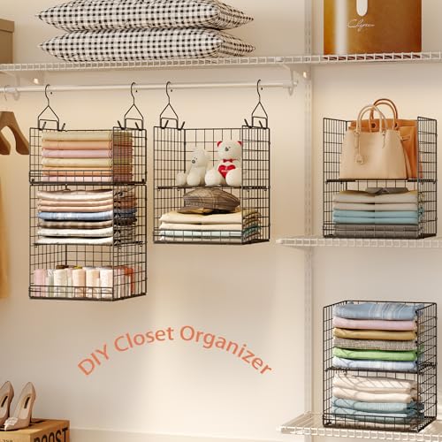 Yuyetuyo 5 Tier Closet Hanging Organizer and Storage Separable Hanging Closet Shelves with 4 Hooks 2 Adjustable Dividers, Wire Storage Basket Bins for Clothing Sweaters Socks Dolls Handbags, Foldable - color: Black, size: 5-Tier