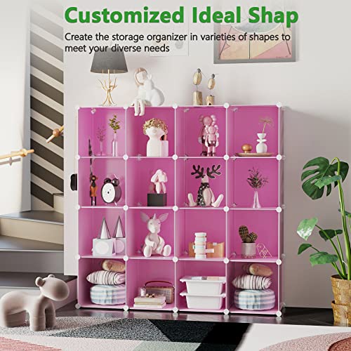 C&AHOME Cube Storage Organizer, 16-Cube Shelves Units, Plastic Storage Cubes, DIY Closet Organizer, Modular Closet Storage Shelves Ideal for Home, Bedroom, 48.4" L × 12.4" W × 48.4" H Pink UPCS16P - color: Pink