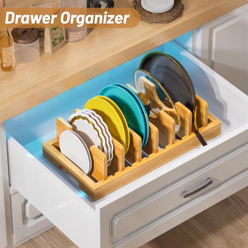 Kiasthome Bamboo Pot and Pan Organizer, Pot Lid Organizer Holder Rack for Countertop Drawer, Kitchen Cabinet Organizer with 7 Adjustable Dividers for Pots, Pans, Baking Sheets, Cutting Boards, Nature - color: Nature