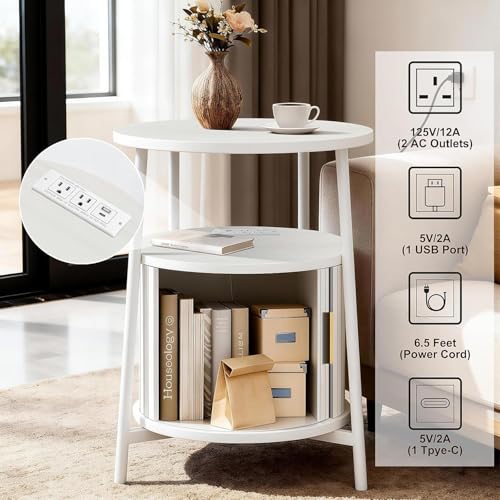 Round End Tables with Drawer: Fluted Side Table with Charging Station, Mid-Century Modern Nightstand with Sliding Door for Small Space Storage, Living Room, Bedroom - color: Off White, size: 1 PACK