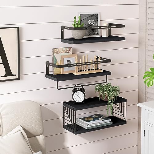 Fixwal 3+1 Tier Wall Mounted Bathroom Shelves Over Toilet, Rustic Wood Floating Shelves with Metal Frame and Towel Bar for Bathroom, Kitchen, Bedroom, Living Room (Black) - color: 5-black
