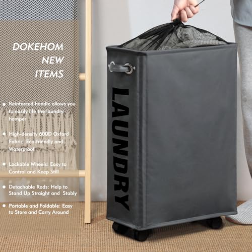 DOKEHOM 25-Inches Slim Laundry Basket on Wheels, Collapsible Rolling Laundry Hamper, Foldable Narrow Corner Clothes Storage Bins (Dark Grey) - color: Dark Grey/M, size: Slim Plus 25"