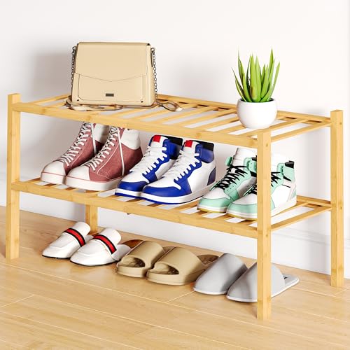 Smiry Shoe Rack, 2 Tier Bamboo Shoe Organizer, Stackable Free Standing Wooden Shoe Storage Shelf for Closet, Entryway, Front Door Entrance, Natural - color: Natural, size: 26.80" Wide - 2 Tier - Regular
