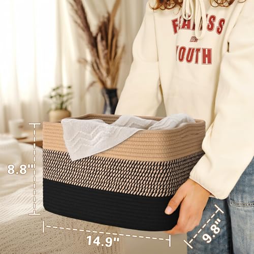 Baskets for Organizing,Storage Baskets,3 Pack Baskets for Shelfves,15"×10"×9" Woven Basket,toy storage bins,bins for organization - color: Black&Brown