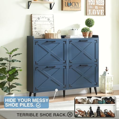 Barnyatoh Shoe Storage Cabinet,Farmhouse Shoe Organizer with 4 Flip Drawers & Barn Door Design,Freestanding Hidden Slim Narrow Shoe Rack Cabinet for Entryway,Foyer,Hallway,Navy Blue - color: Navy Blue, size: 4-Drawers