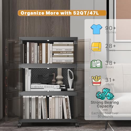 UAMFURI Stackable Storage Bins with Lids 144QT-48QT*3Pack Folding Storage box with Doors and Wheels, Collapsible Plastic Bins Stackable Organizer and Containers for Home, Garage, Office - color: Black, size: 3PACK-20"W12"D34"H