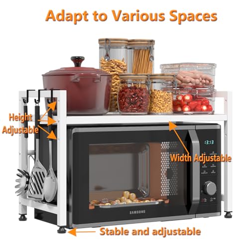 Extendable Microwave Oven Stand, Adjustable Microwave Rack Toaster Shelf, Heavy Duty Rack 2 Tier Kitchen Counter Top Organizer with 7 Hooks for Kitchen - color: White
