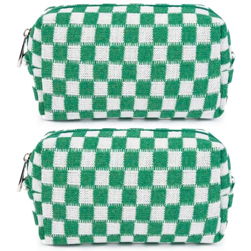 SOIDRAM 2 Pack Checkered Makeup Bag for Women, Cute Makeup Pouch Small Makeup Bag Travel Cosmetic Organizer for Toiletries, Brushes & Skincare - color: Green, size: 2 Pack