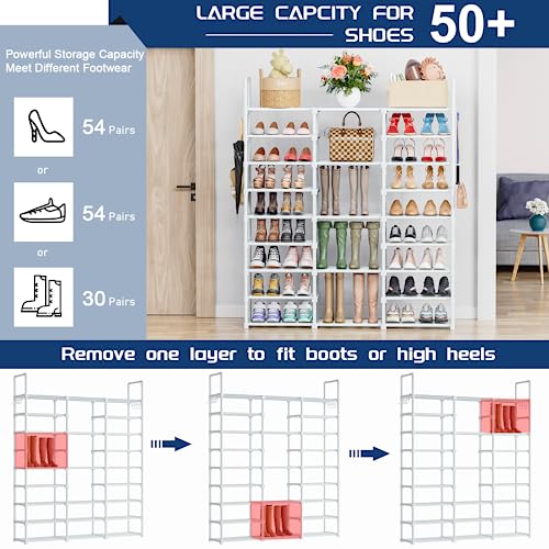 Mavivegue 9 Tiers Shoe Rack Tall Shoe Organizer Shoe Storage 50-55 Pairs Vertical Shoe Shelf Large Shoe Rack Organizer Stackable Shoe Racks for Entryway, Closet, Garage, Bedroom,Cloakroom - White - color: White, size: 3 Row 9 Tier