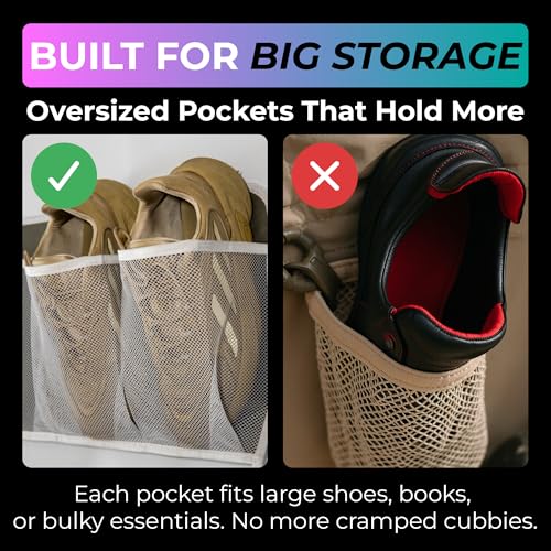 Jestik RV Shoe Storage for Bedside - 16 Large Pocket Bed Hanging Shoe Organizer Bag with Hooks, Wall Mounted Shoes Rack, Foldable Mesh Pockets, Bedside Caddy for Shoes, RV & Camper Essentials (2 Pack)