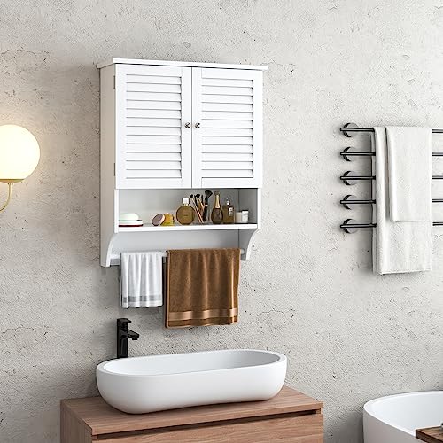Tangkula Wall Mounted Bathroom Cabinet with Open Shelf & Bar, Medicine Cabinet with Double Louvered Doors, Wall Storage Cabinet with Adjustable Shelf, for Bathroom Living Room Kitchen (White) - color: White