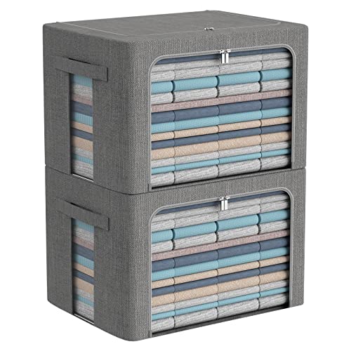 CYhom Extra Large Clothes Storage Bins - Linen Fabric Foldable Stackable Container Organizer Set with Clear Window & Carry Handles & Metal Frame (Dark Gray, Extra Large-100L) - color: Dark Gray, size: Extra Large-100L