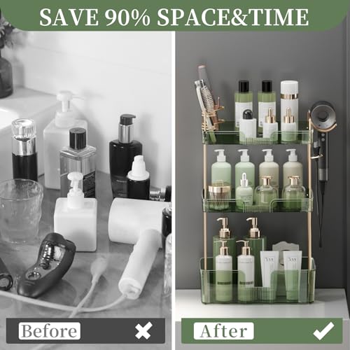 Bathroom Counter Organizer for Vanity, Makeup Organizer Countertop with Holder, Large Capacity Storage Rack, Perfect Large Skincare, Hair Care, Perfume, Easy to Install (Green, 3Tiers) - color: Green, size: 3 Tiers