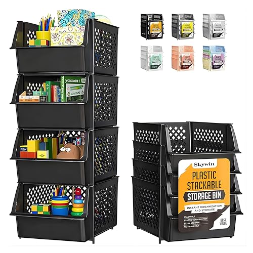 TidyFriend 4 Pack Stackable Storage Bins Open Front for Pantry Organizers and Storage, Pantry Storage for Food, Kitchen and Home Organization, Plastic Storage Bins, Dorm Room Essentials (Black) - color: Black, size: 4 Pack