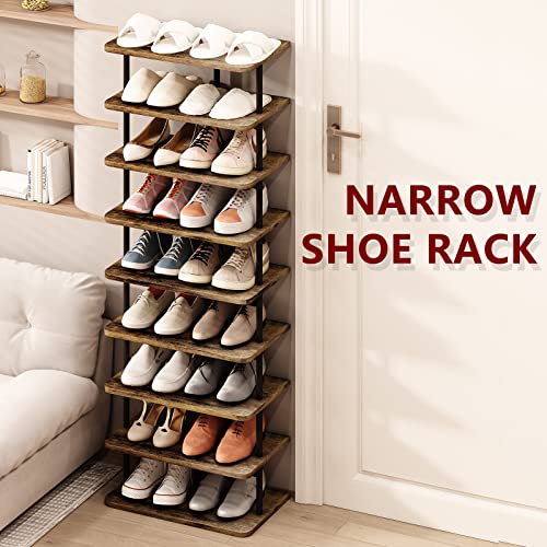 AZERPIAN Shoe Rack 9 Tier Vertical Storage Organizer Double Row Narrow Metal Slim Shelf Modern Free Standing Shoe Tower Saving Space for Closet Entryway Bedroom,Black+Rustic Brown - color: Black+rustic Brown, size: 9 Tier-Double Row